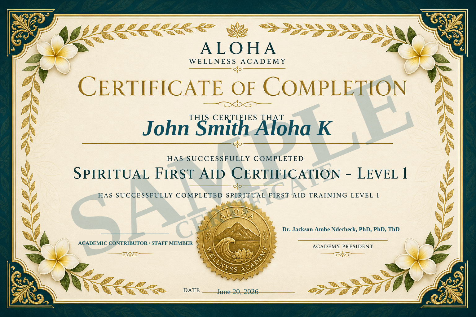 Sample Aloha Wellness Academy Certificate of Completion — Spiritual First Aid Level I, issued to John Smith Aloha K, watermarked SAMPLE
