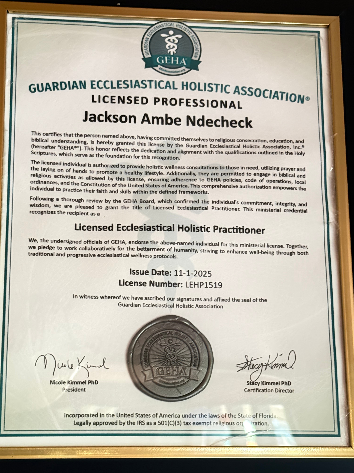 Guardian Ecclesiastical Holistic Association — Licensed Ecclesiastical Holistic Practitioner, Jackson Ambe Ndecheck (LEHP1519)