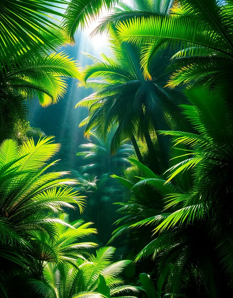 Lush green tropical jungle with sunbeams